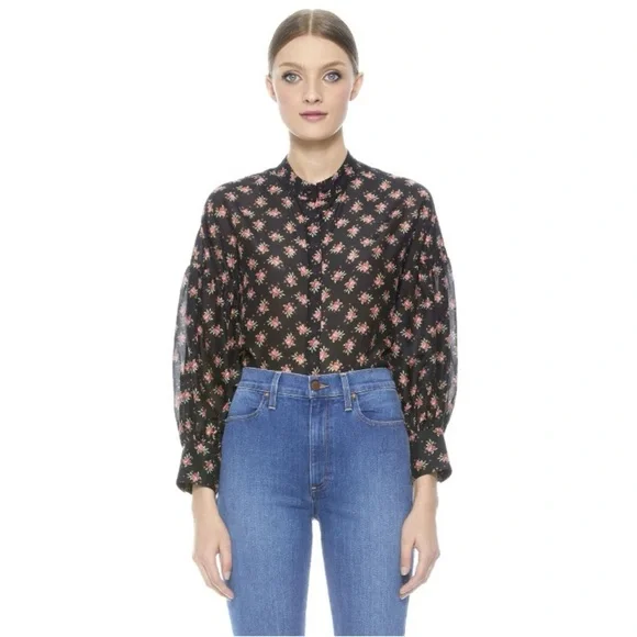 Alice + Olivia Paulita Top Med Black Pink Floral Cotton Silk Designer Feminine - Picture 3 of 12